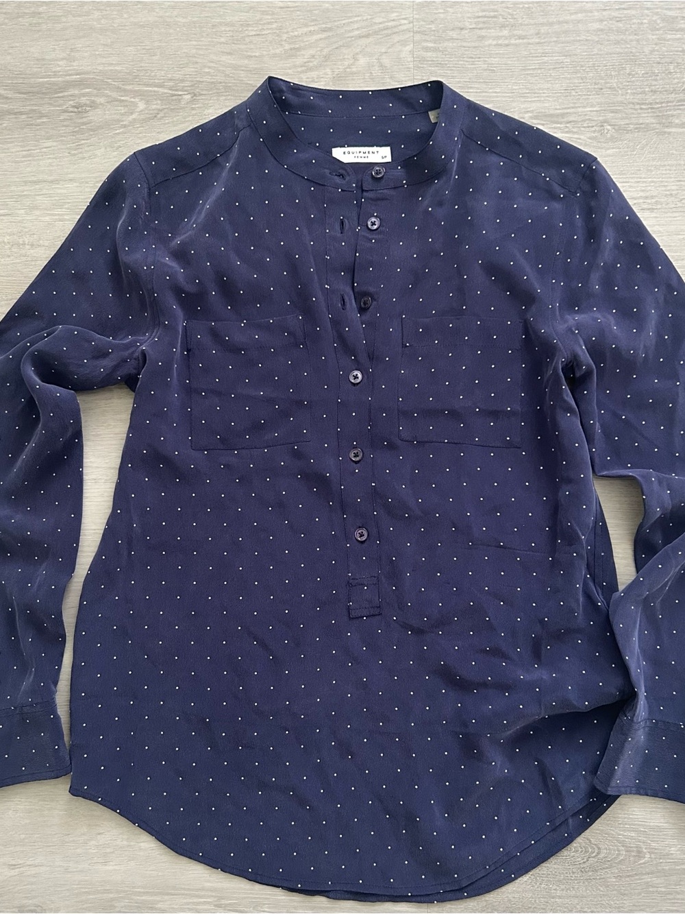 Equipment Navy Button Henley with White Microdots Polka Dots